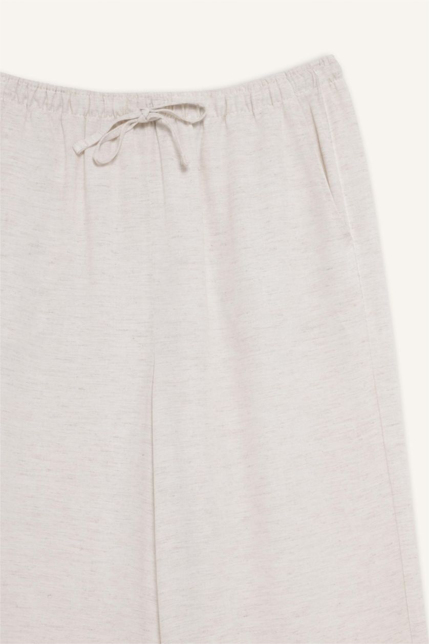 Kadın Bej Keten Karışımlı Palazzo Pantolon Wide Leg Geniş Bol Paça Üç Cepli Normal Bel Basic Düz Standart Boy