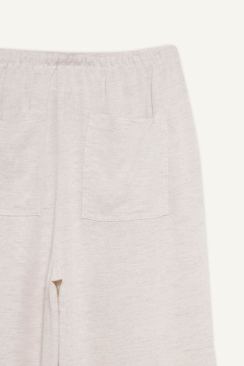 Kadın Bej Keten Karışımlı Palazzo Pantolon Wide Leg Geniş Bol Paça Üç Cepli Normal Bel Basic Düz Standart Boy