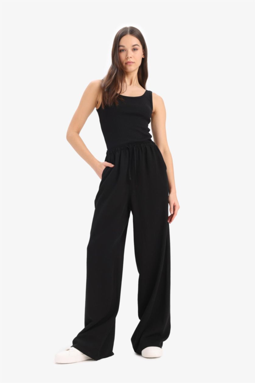 Kadın Siyah Keten Karışımlı Pantolon Wide Leg Geniş Bol Paça Üç Cepli Normal Bel Basic Düz Standart Boy