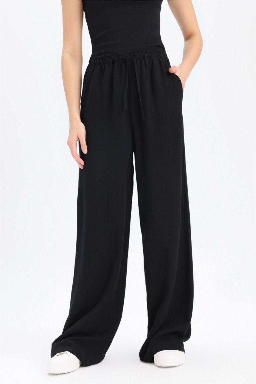Kadın Siyah Keten Karışımlı Pantolon Wide Leg Geniş Bol Paça Üç Cepli Normal Bel Basic Düz Standart Boy
