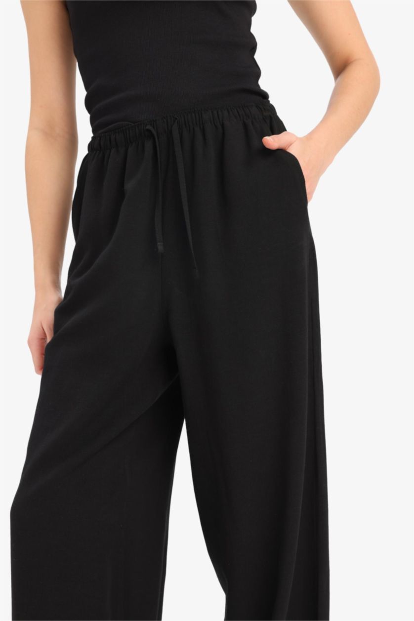 Kadın Siyah Keten Karışımlı Pantolon Wide Leg Geniş Bol Paça Üç Cepli Normal Bel Basic Düz Standart Boy