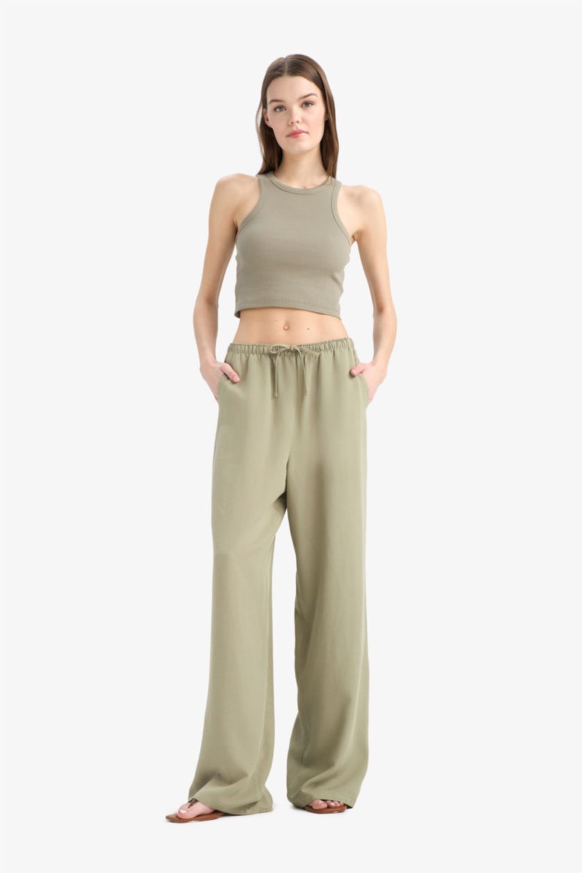 Kadın Haki Keten Karışımlı Palazzo Pantolon Wide Leg Üç Cepli Normal Bel Basıc Standart Boy