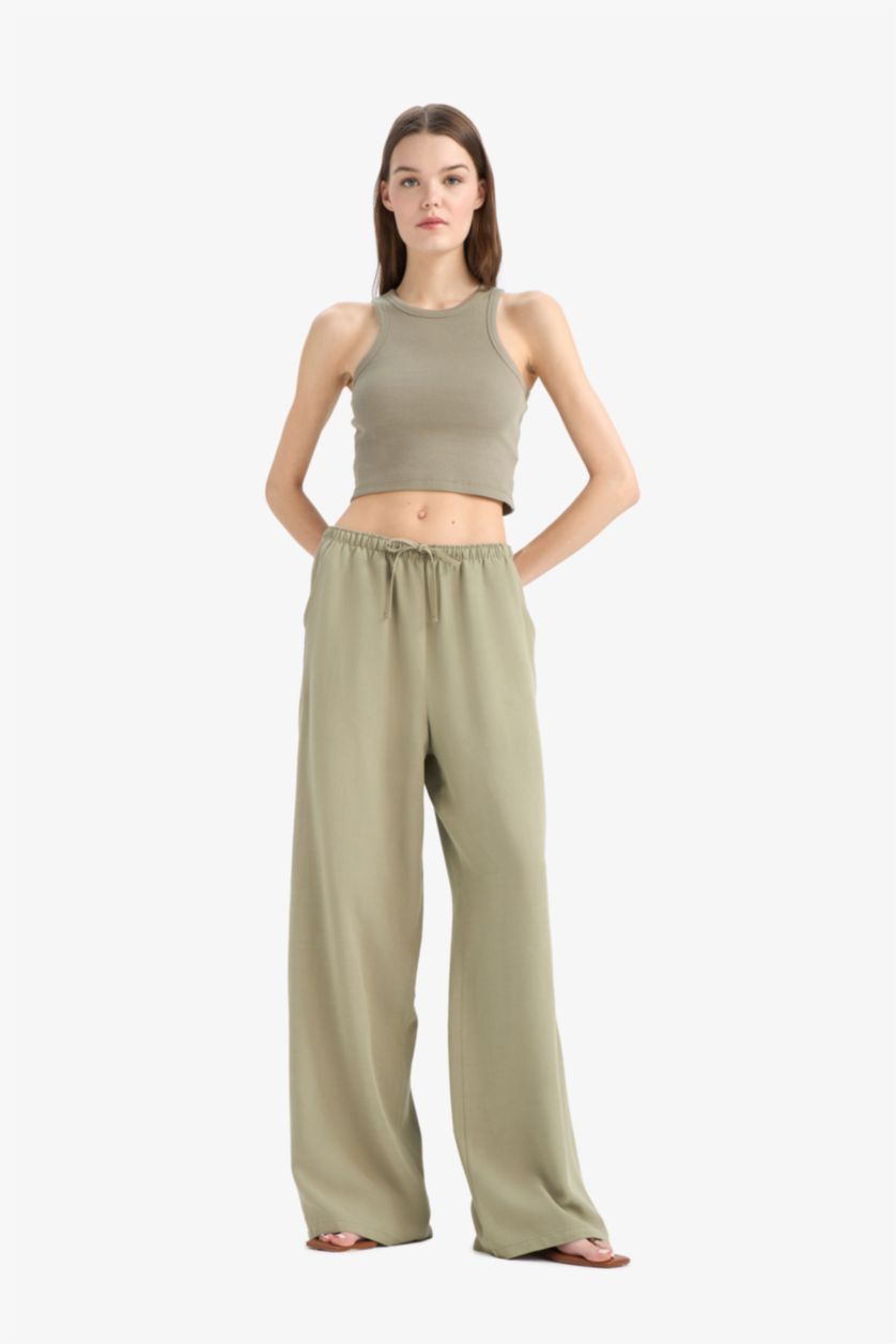 Kadın Haki Keten Karışımlı Palazzo Pantolon Wide Leg Üç Cepli Normal Bel Basıc Standart Boy