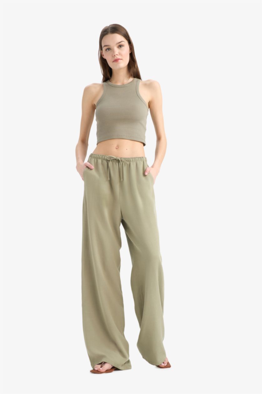 Kadın Haki Keten Karışımlı Palazzo Pantolon Wide Leg Üç Cepli Normal Bel Basıc Standart Boy