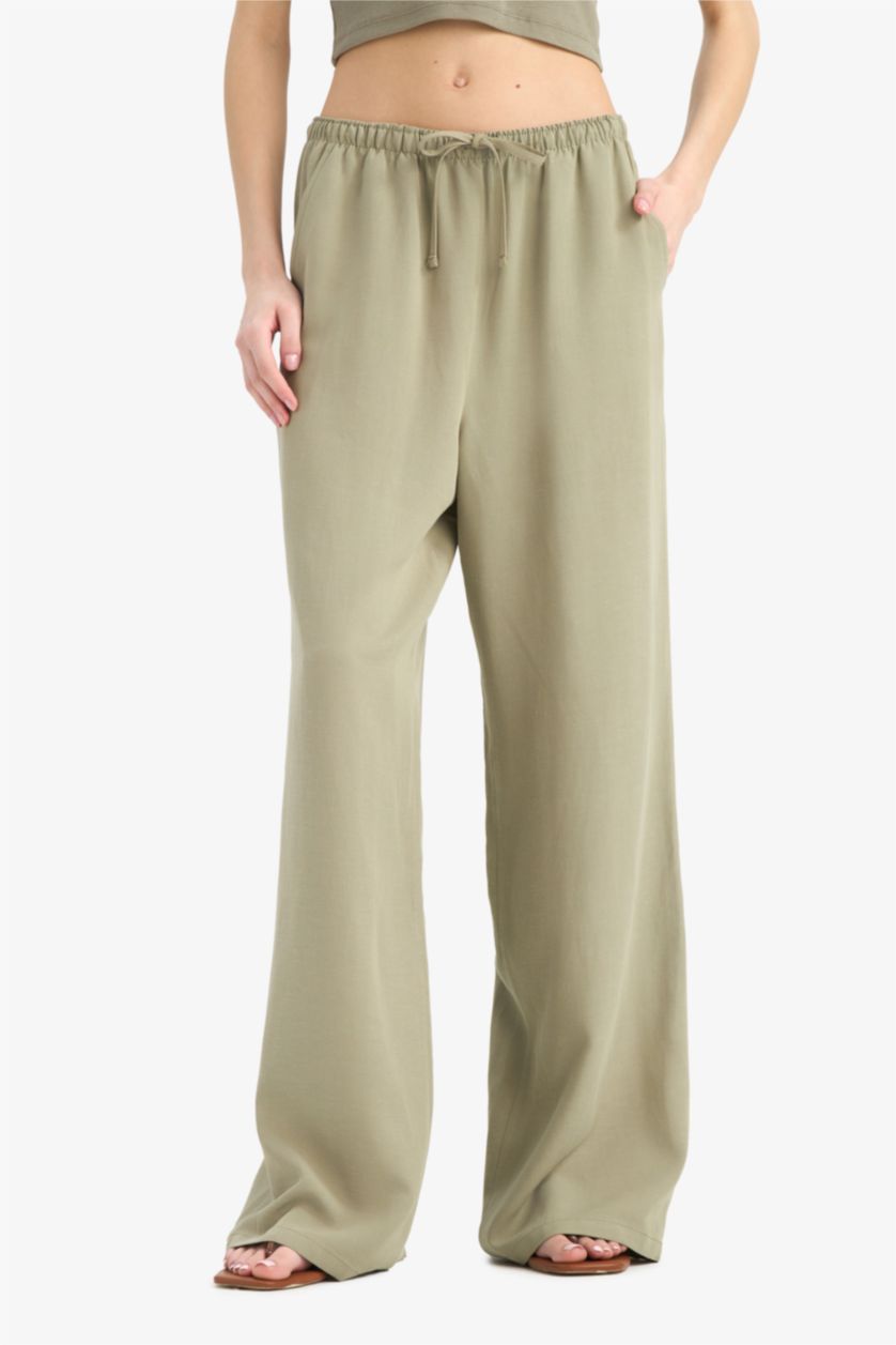 Kadın Haki Keten Karışımlı Palazzo Pantolon Wide Leg Üç Cepli Normal Bel Basıc Standart Boy