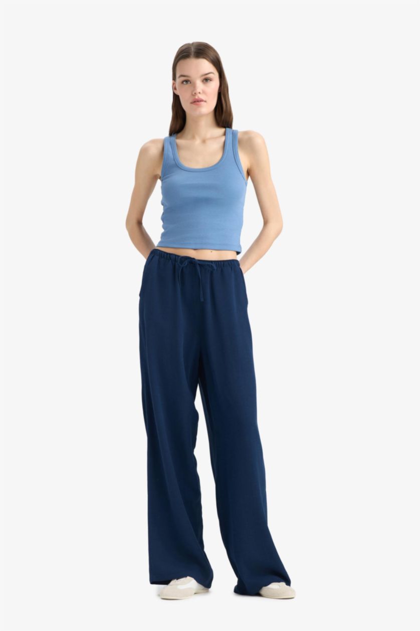 Woman NAVY Normal Waist Standard Length Wide Leg Linen Blend Trousers