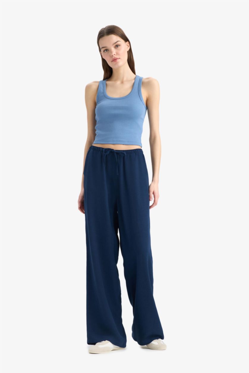 Woman NAVY Normal Waist Standard Length Wide Leg Linen Blend Trousers