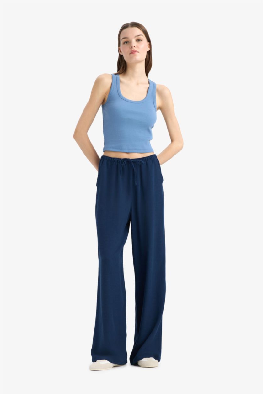 Woman NAVY Normal Waist Standard Length Wide Leg Linen Blend Trousers