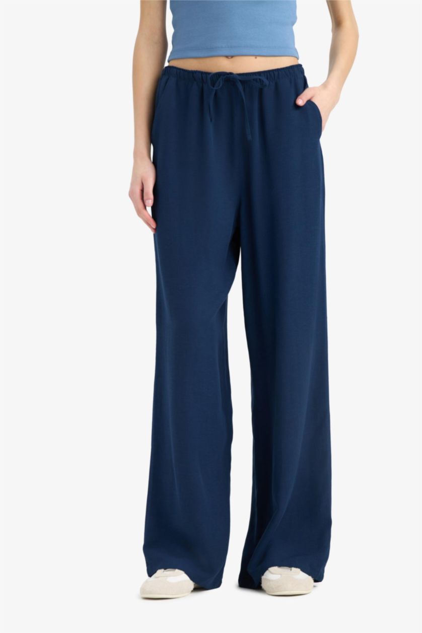 Woman NAVY Normal Waist Standard Length Wide Leg Linen Blend Trousers
