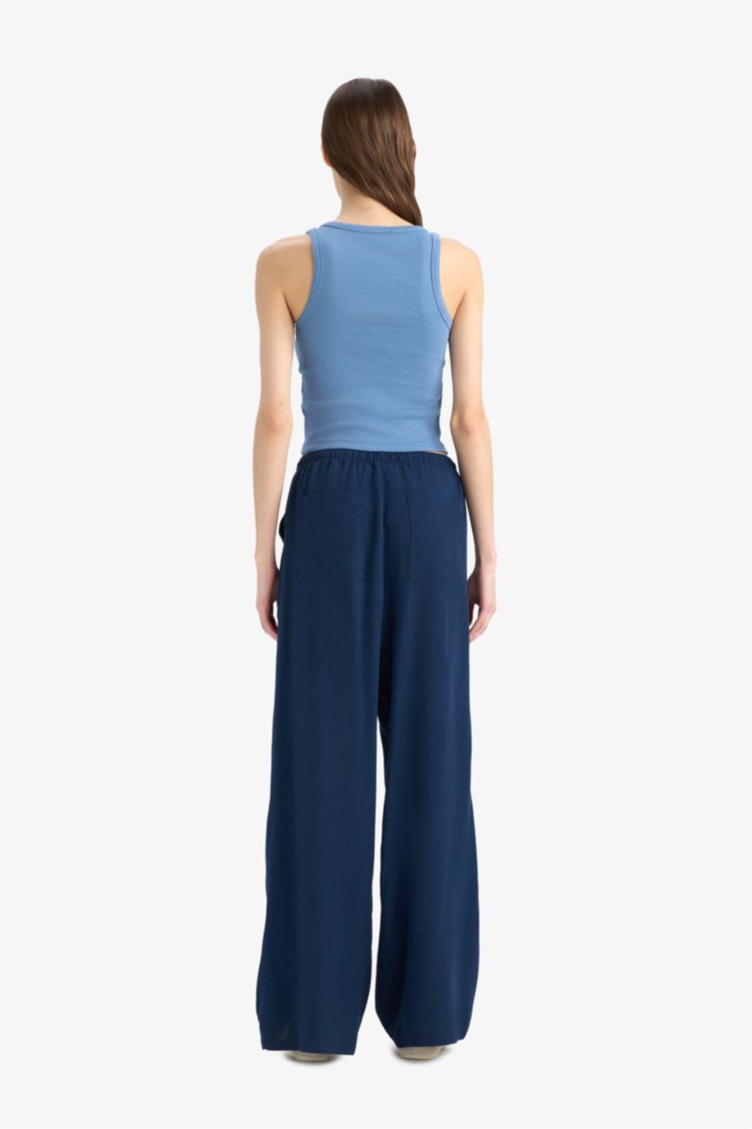 Woman NAVY Normal Waist Standard Length Wide Leg Linen Blend Trousers