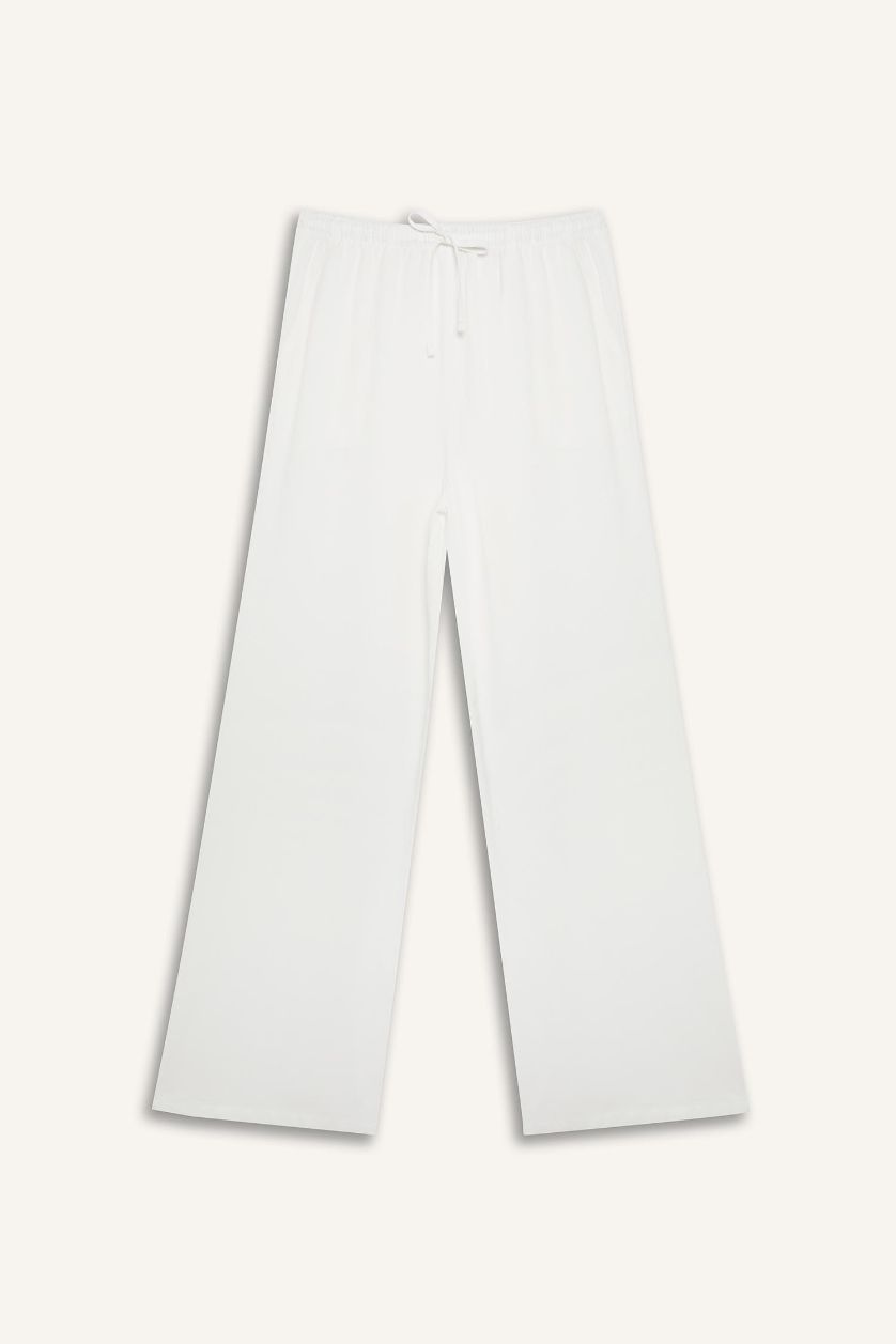 نساء اوف وايت بنطرون من مزيج الكتان وايد ليج