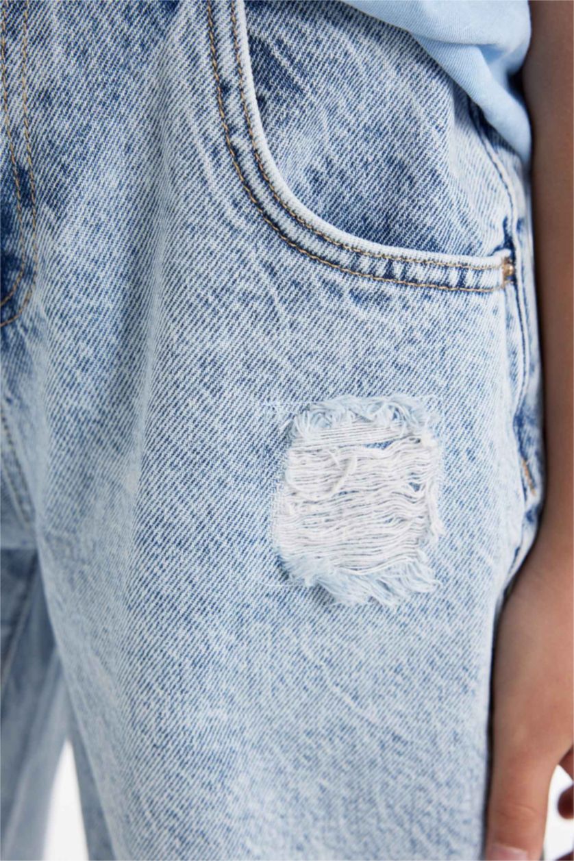 Девочки и подростки Светло-синий Джинсы Barrel Fit рванные для девочек