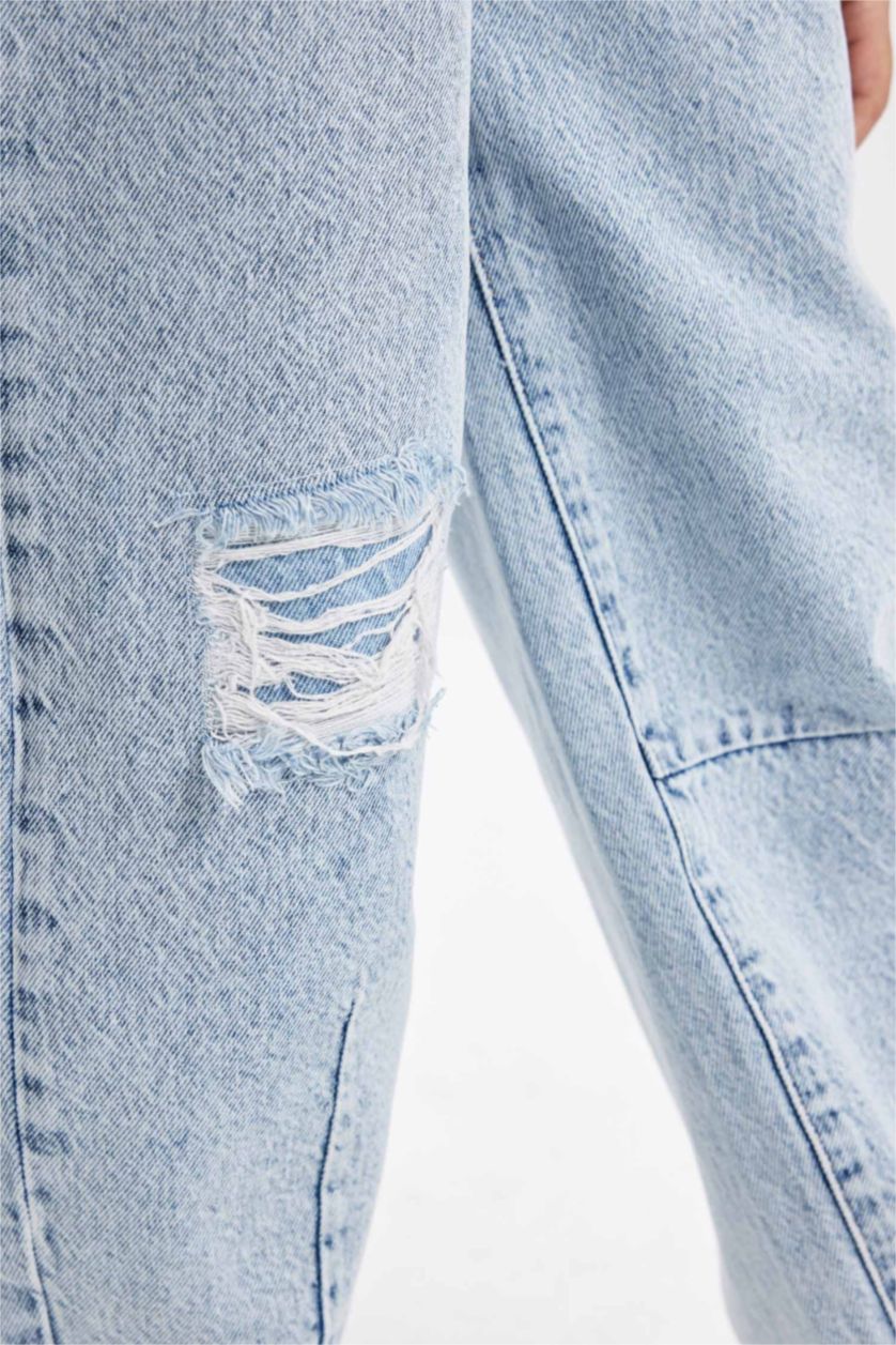 Девочки и подростки Светло-синий Джинсы Barrel Fit рванные для девочек