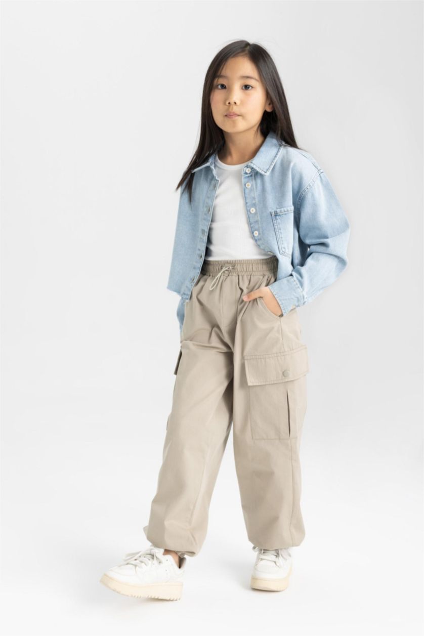 GIRLS & TEENS Light Grey Girl Parachute Long Leg Cotton Cargo Pants