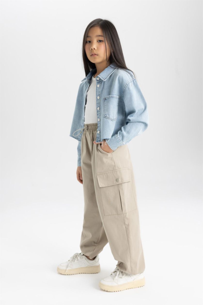 GIRLS & TEENS Light Grey Girl Parachute Long Leg Cotton Cargo Pants