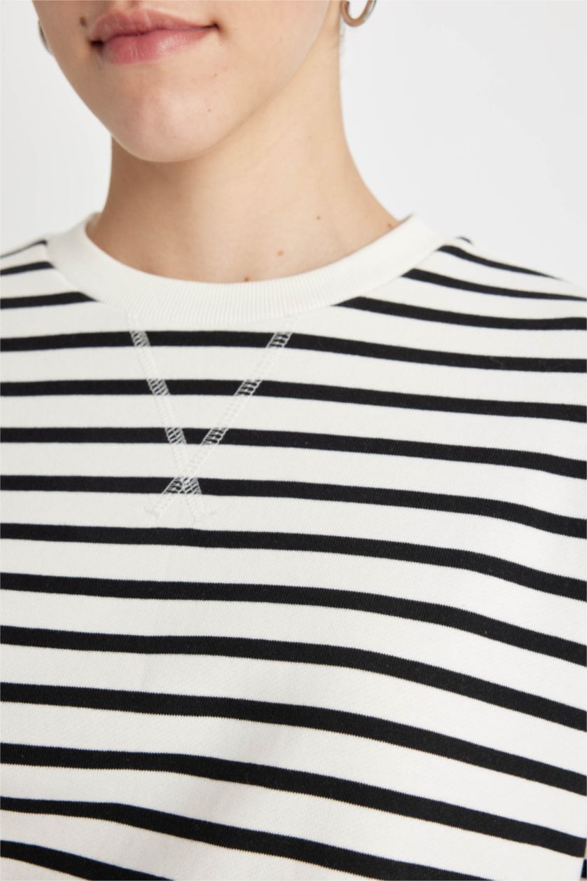 FEMME Blanc T-Shirt Oversize Rayé à manches Longues et Col Rond