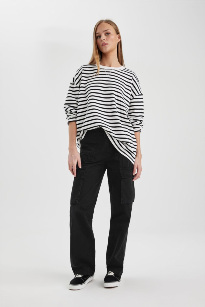 WOMAN White Oversize Crew Neck Striped Thick Fabric Basic T-Shirt