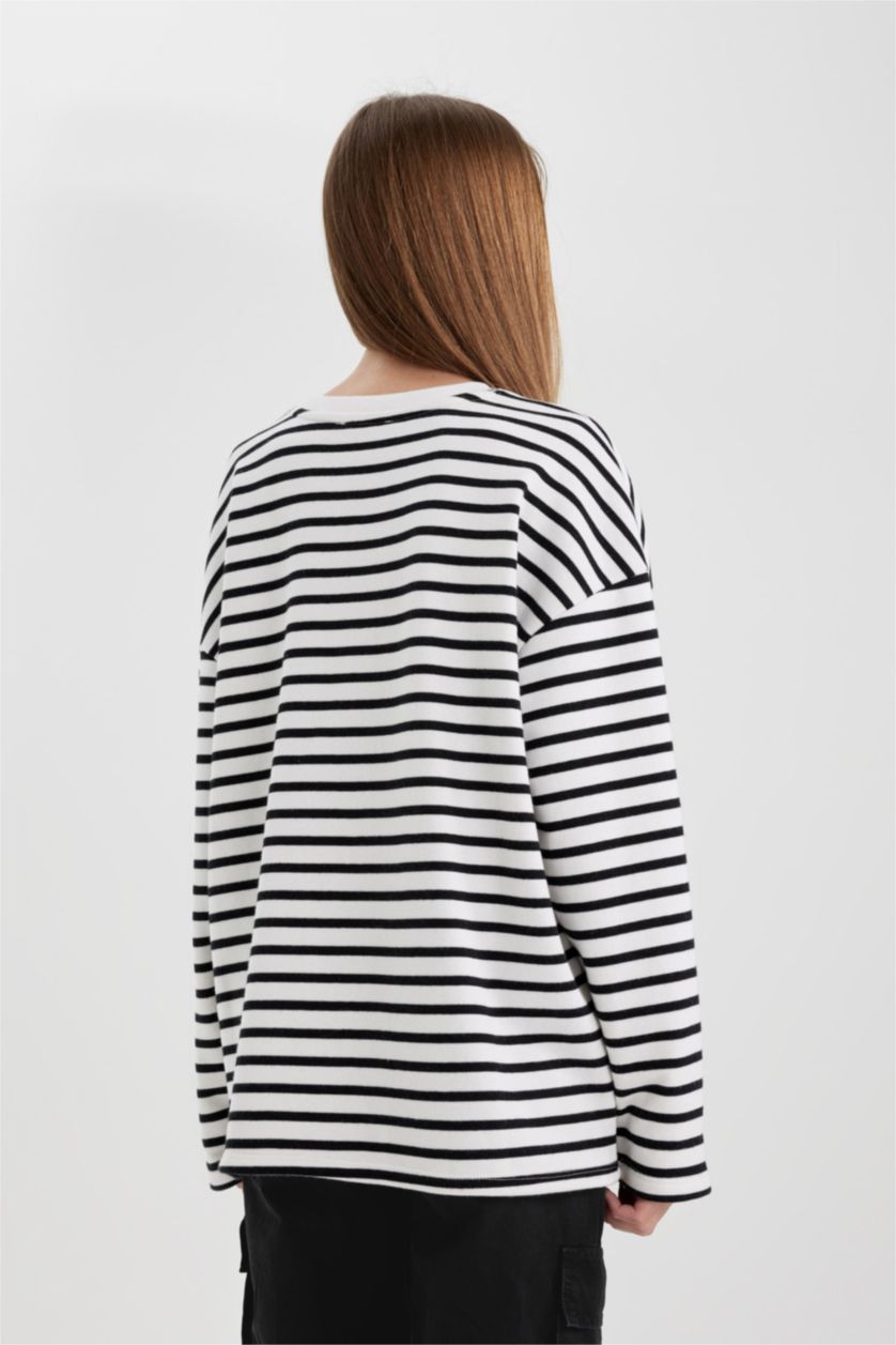 WOMAN White Oversize Crew Neck Striped Thick Fabric Basic T-Shirt