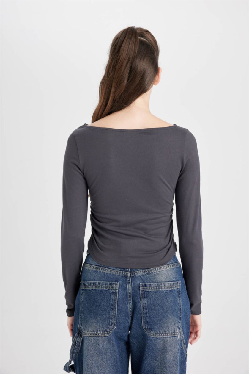 Kadın Antrasit Fitted Vücuda Oturan Kayık Yaka Basic Düz Uzun Kollu Tişört