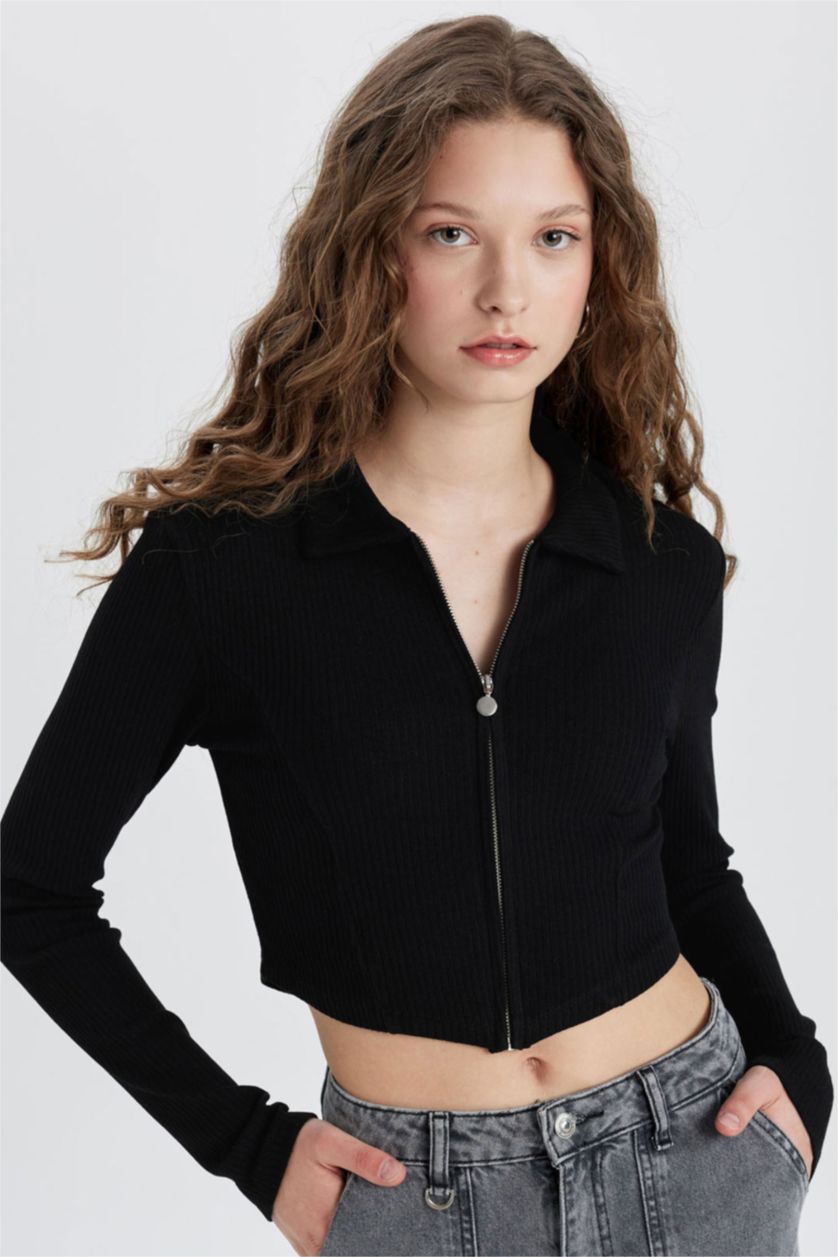 FEMME Noir Cardigan Camisole à col polo ajusté