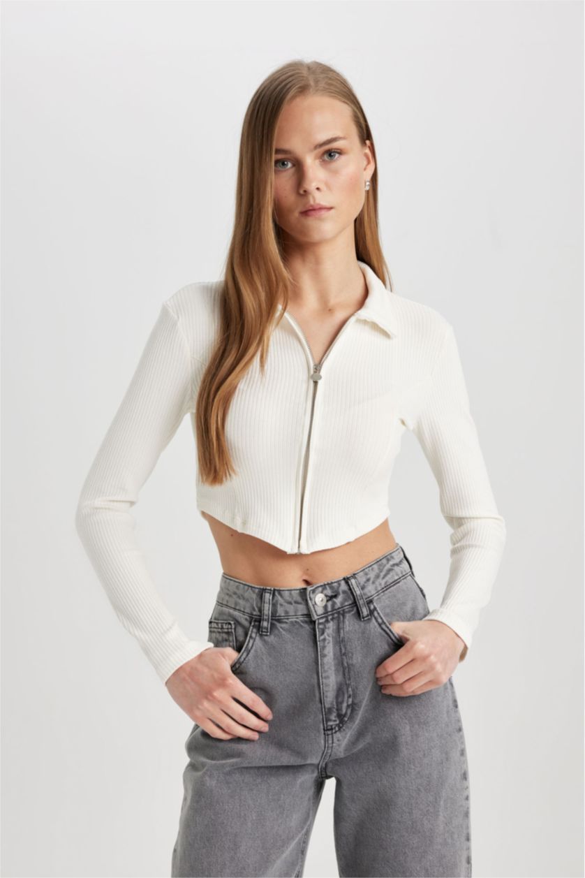 Kadın Ekru Fitted Polo Yaka Fitilli Kaşkorse Crop Fermuarlı Hırka