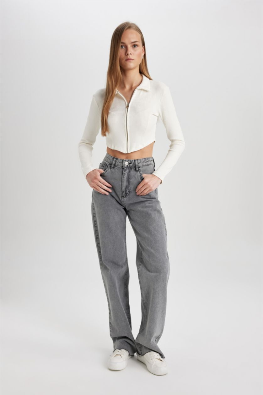 Kadın Ekru Fitted Polo Yaka Fitilli Kaşkorse Crop Fermuarlı Hırka