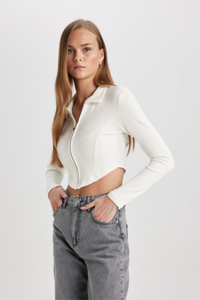 Kadın Ekru Fitted Polo Yaka Fitilli Kaşkorse Crop Fermuarlı Hırka