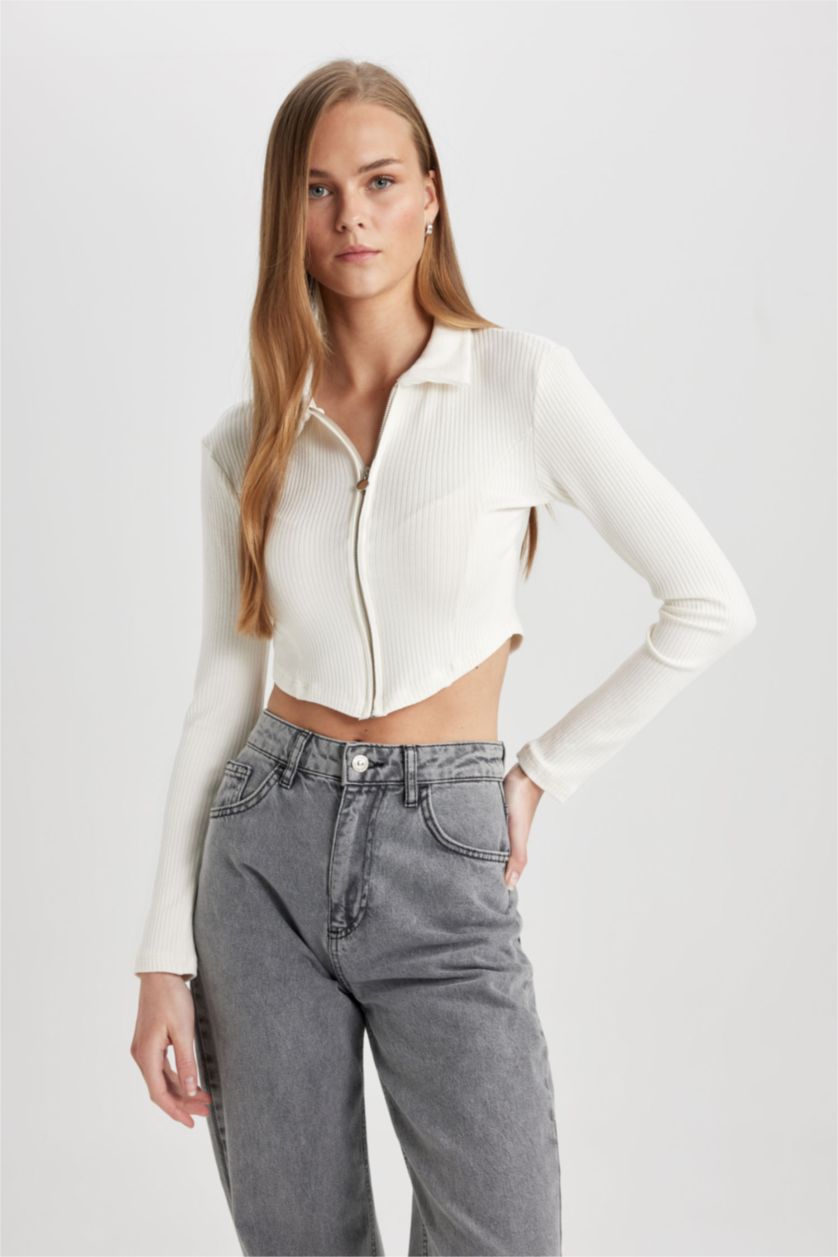 Kadın Ekru Fitted Polo Yaka Fitilli Kaşkorse Crop Fermuarlı Hırka