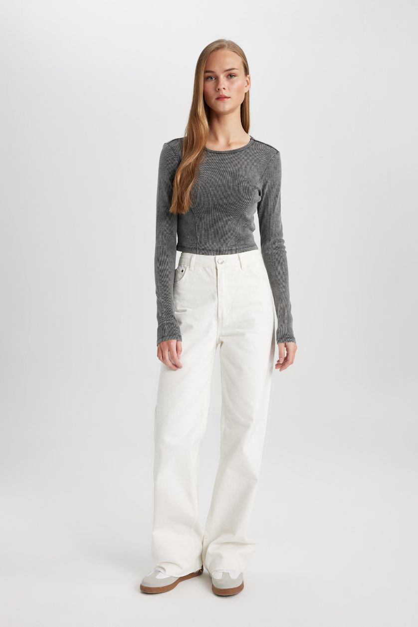 حريمي أنثرا تيشيرت كم طويل سليم فيت مضلع بتأثير باهت