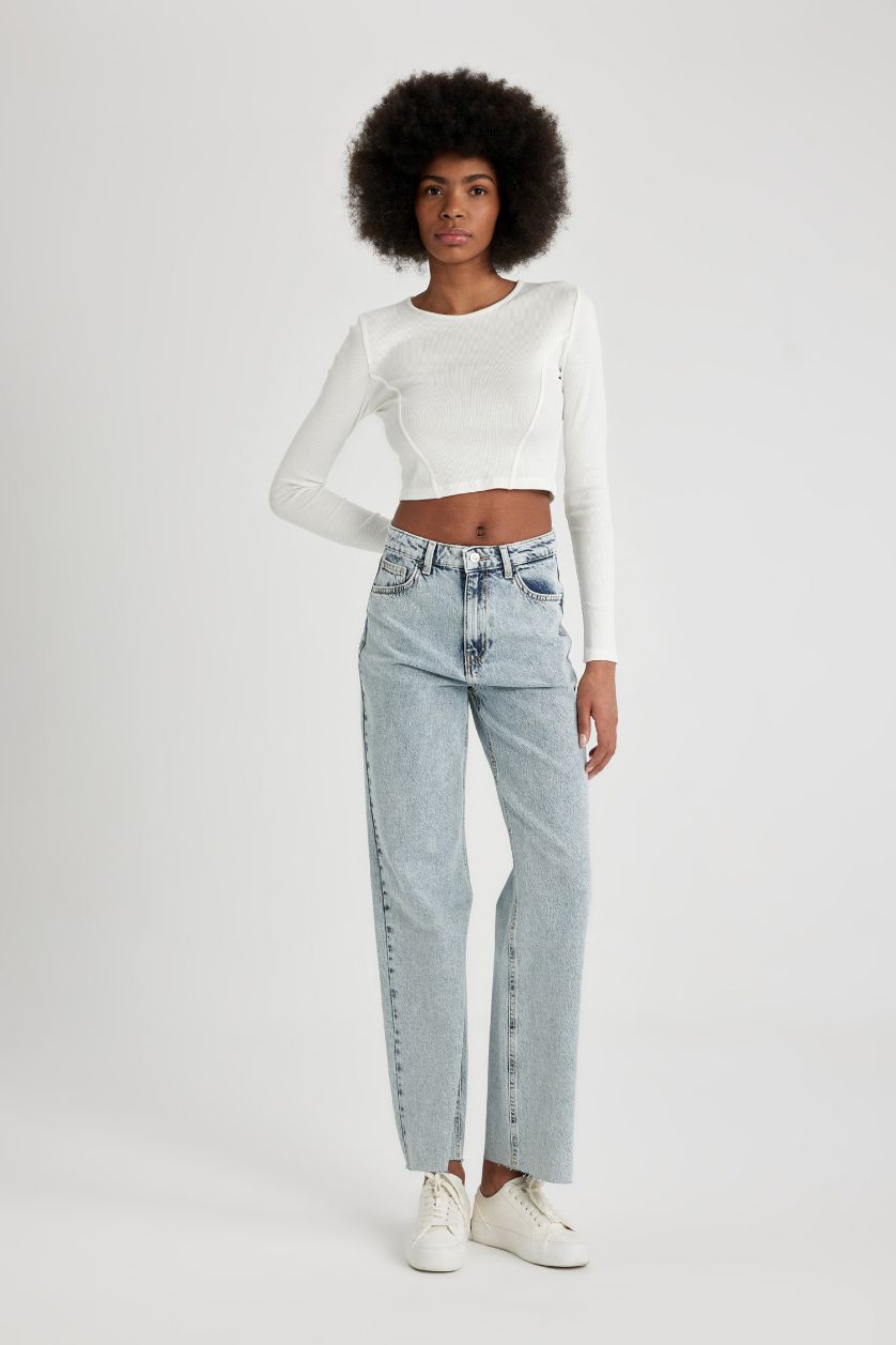 Kadın Kırık Beyaz Fitted Bisiklet Yaka Fitilli Kaşkorse Crop Uzun Kollu Tişört