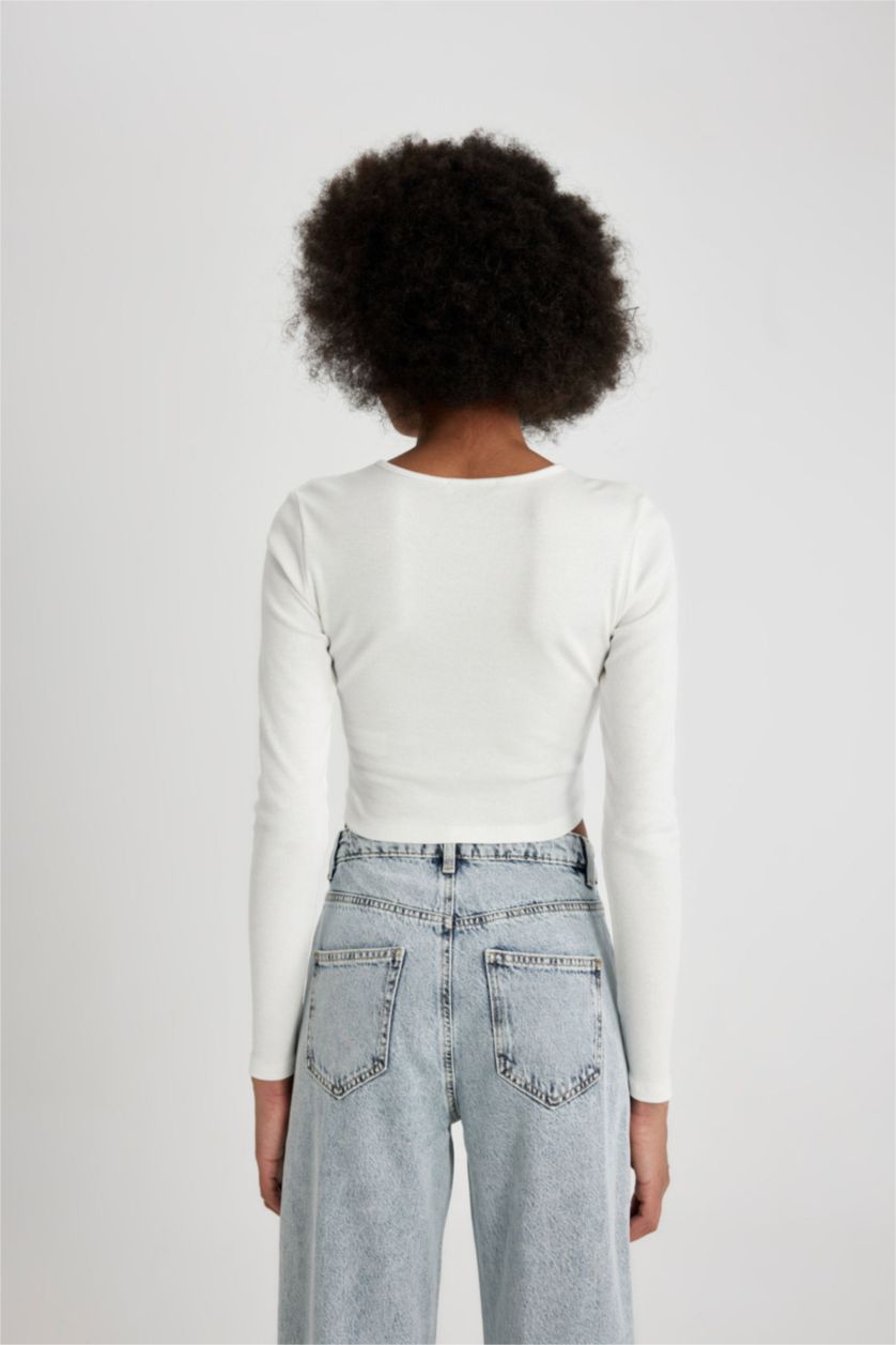 Kadın Kırık Beyaz Fitted Bisiklet Yaka Fitilli Kaşkorse Crop Uzun Kollu Tişört