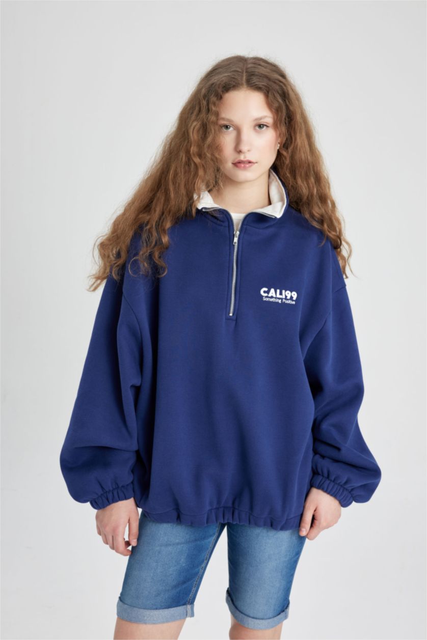 FEMME Marin Sweat-shirt Oversize brodée à Manches Longues et fermeture éclair