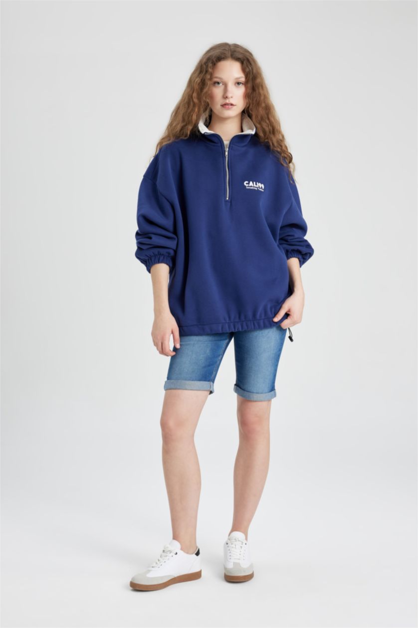 FEMME Marin Sweat-shirt Oversize brodée à Manches Longues et fermeture éclair