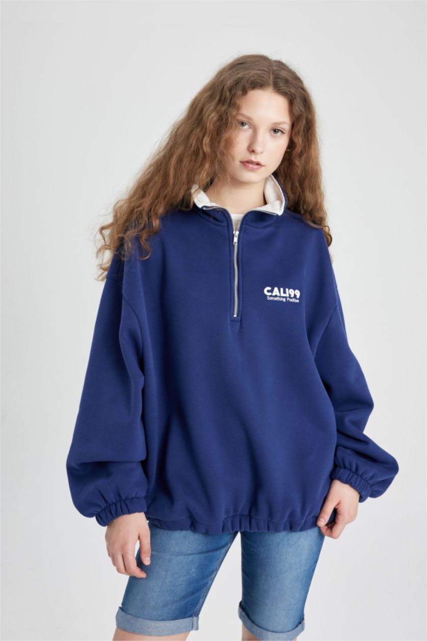 FEMME Marin Sweat-shirt Oversize brodée à Manches Longues et fermeture éclair