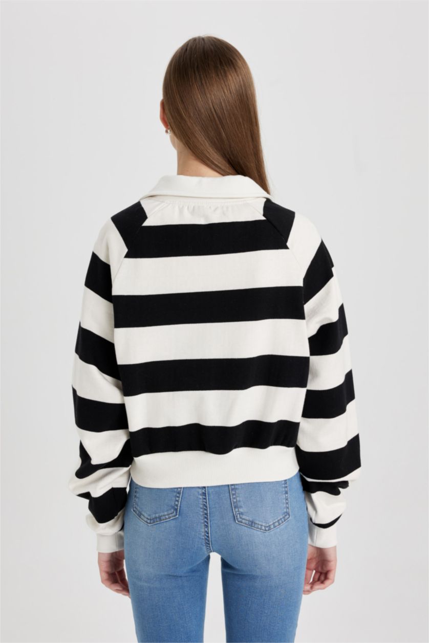 نساء أسود سويت شيرت كروب مخطط بياقة بولو وقماش سميك