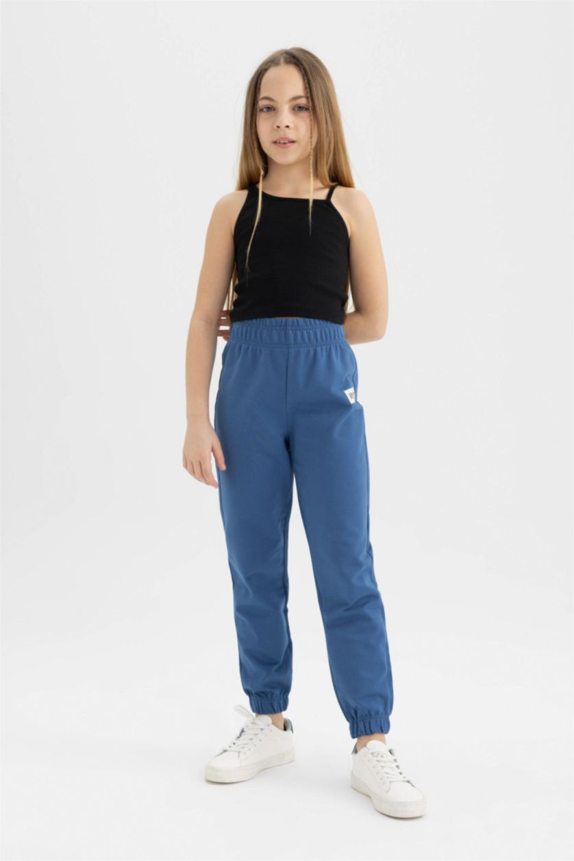 Kız Çocuk - Genç Kız İndigo Kız Çocuk Dokuma Etiketli Beli ve Paçası Lastikli Jogger Eşofman Altı