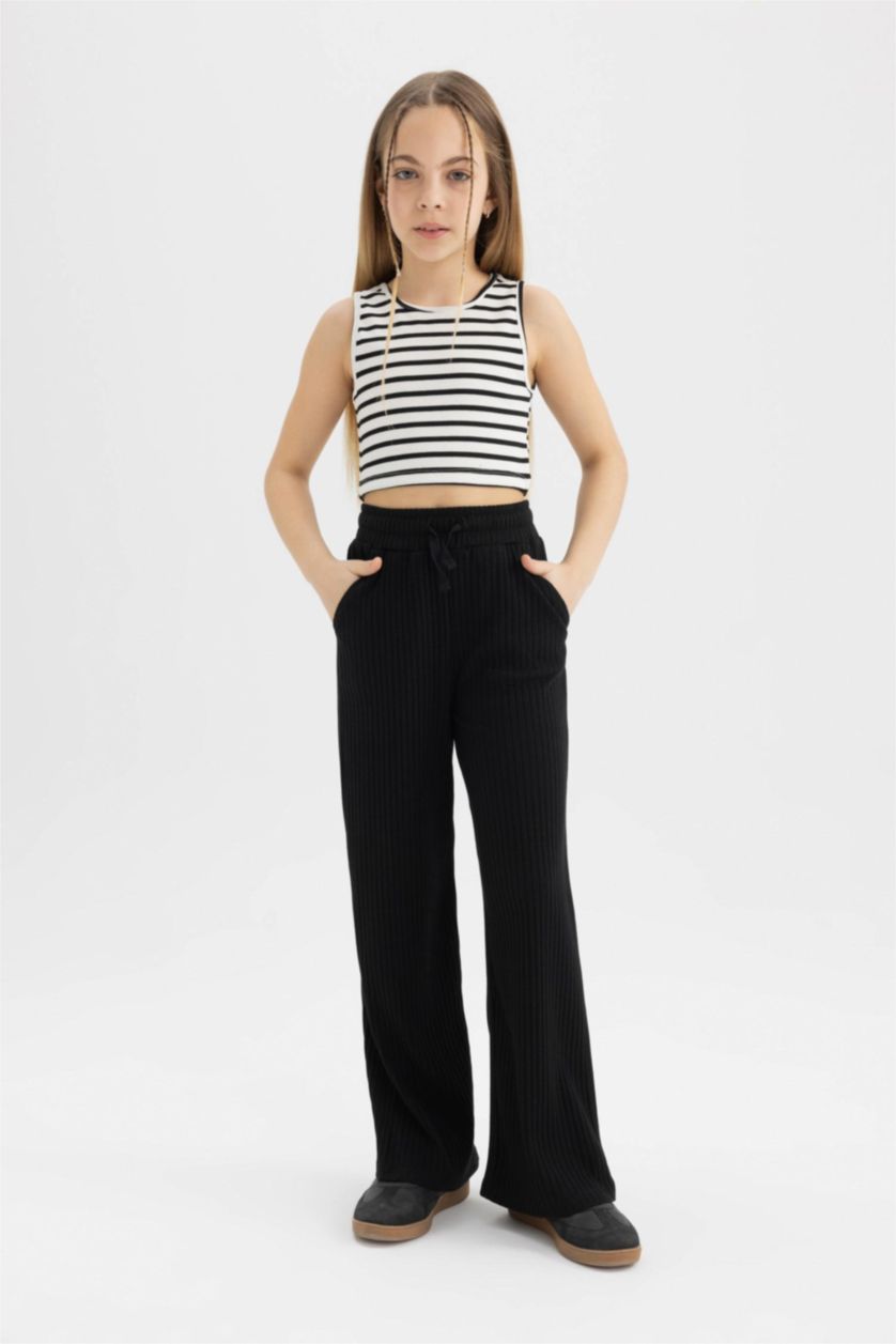 Girls & Teens Black Girl Wide Leg Ribbed Camisole Trousers