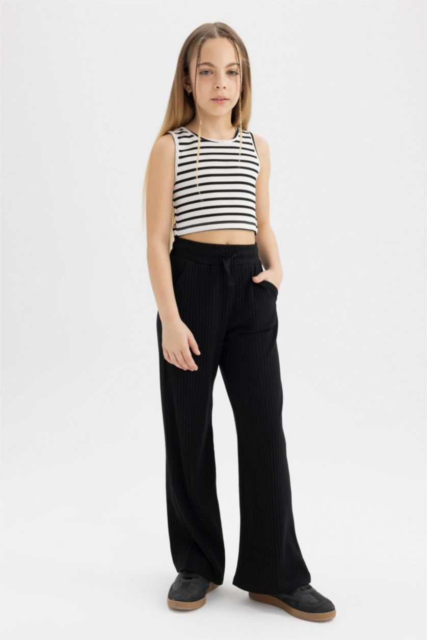 Girls & Teens Black Girl Wide Leg Ribbed Camisole Trousers