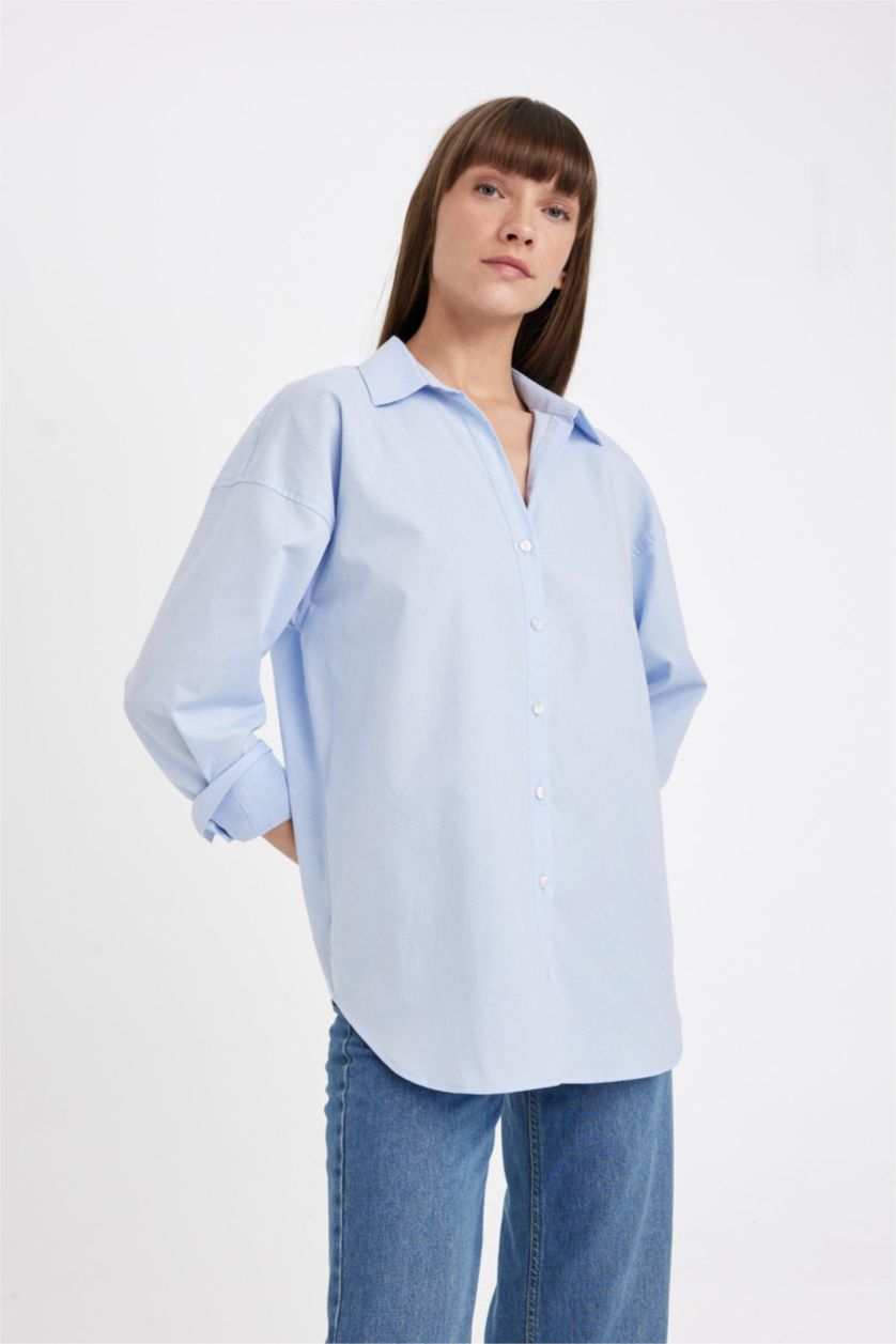 FEMME BLEU Clair Chemise Oxford Oversize basique à manches longues