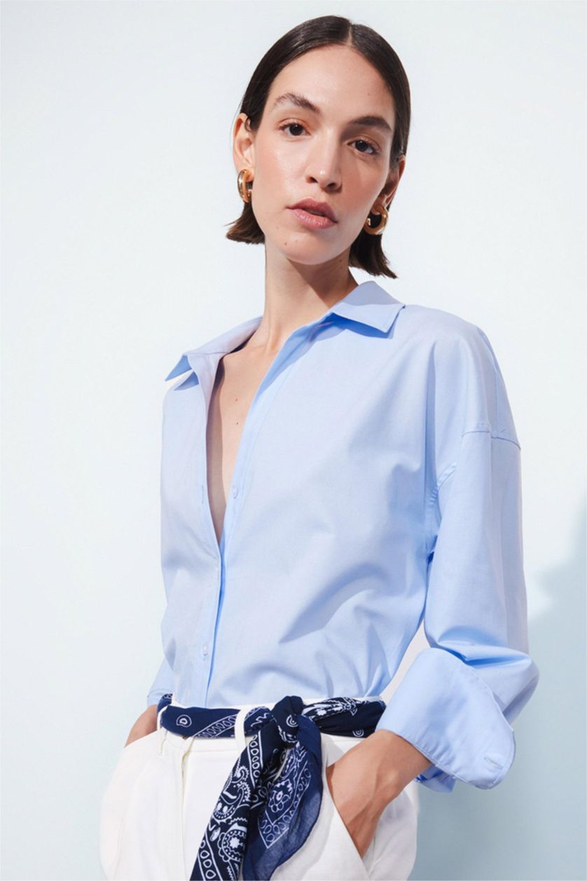 FEMME BLEU Clair Chemise Oxford Oversize basique à manches longues