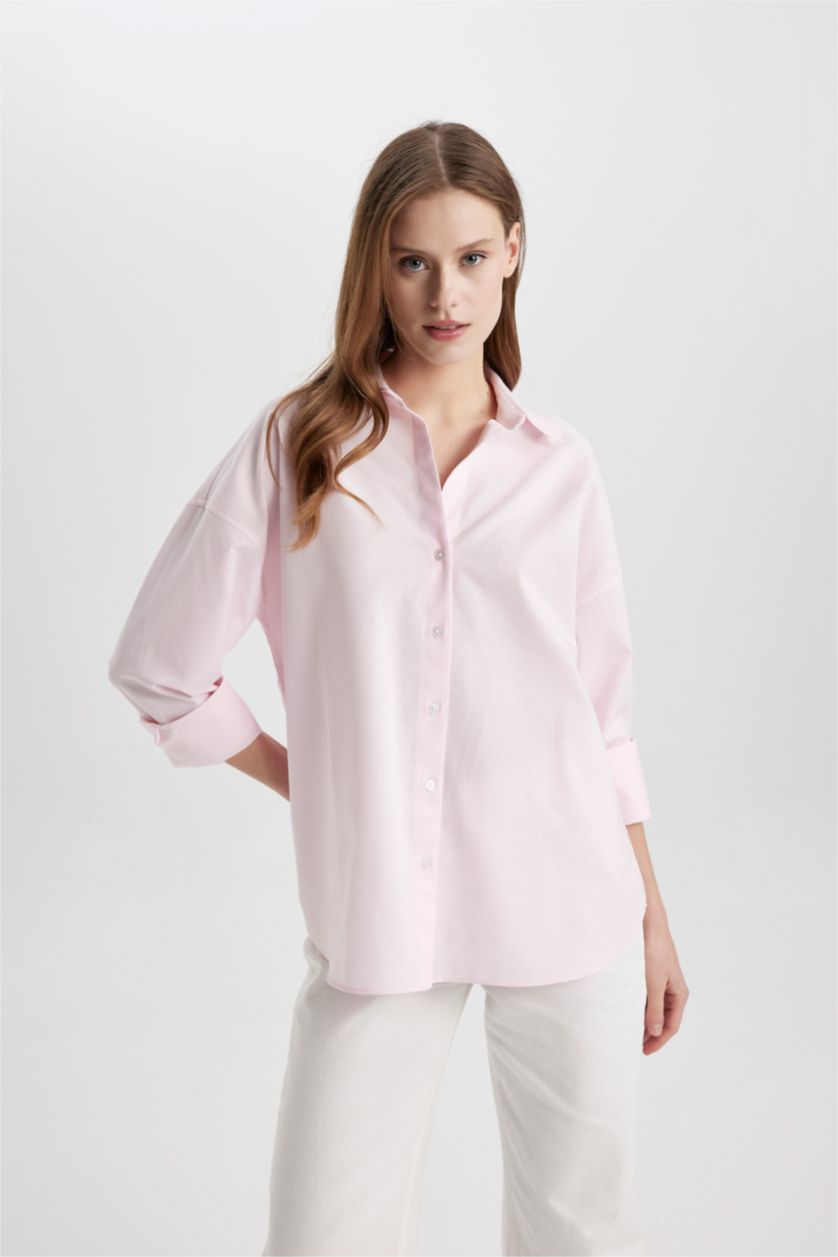 Kadın Açık Pembe Oversize Geniş Kalıp Basic Düz Oxford Uzun Kollu Gömlek