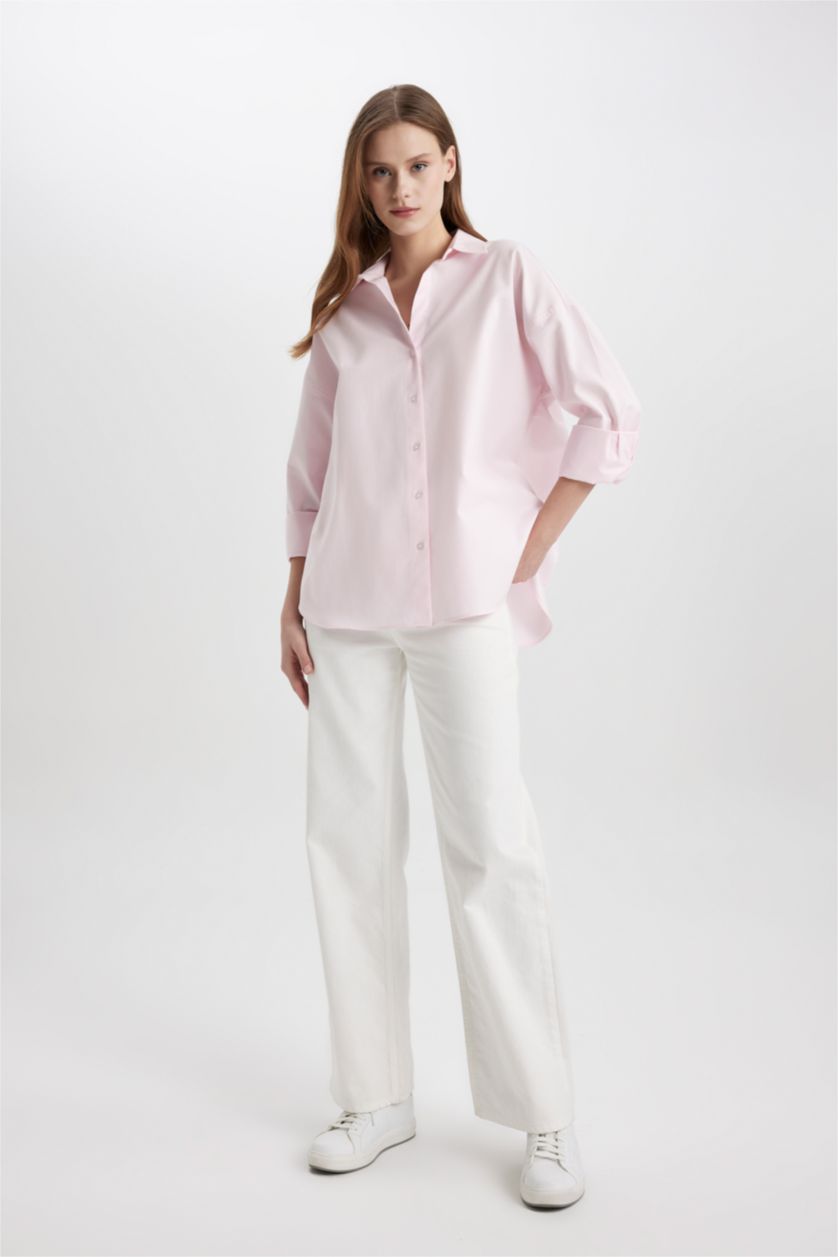 Kadın Açık Pembe Oversize Geniş Kalıp Basic Düz Oxford Uzun Kollu Gömlek