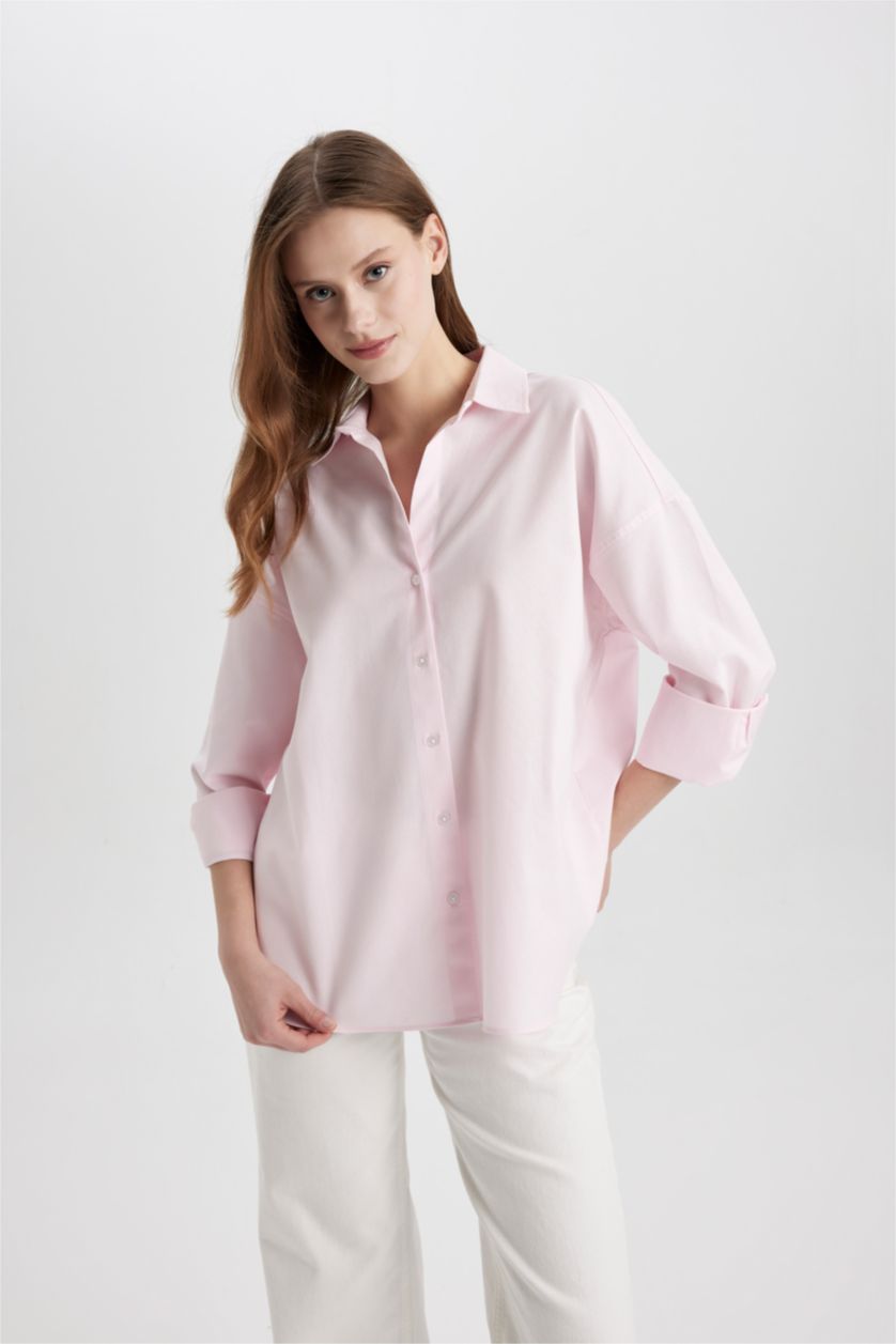Kadın Açık Pembe Oversize Geniş Kalıp Basic Düz Oxford Uzun Kollu Gömlek