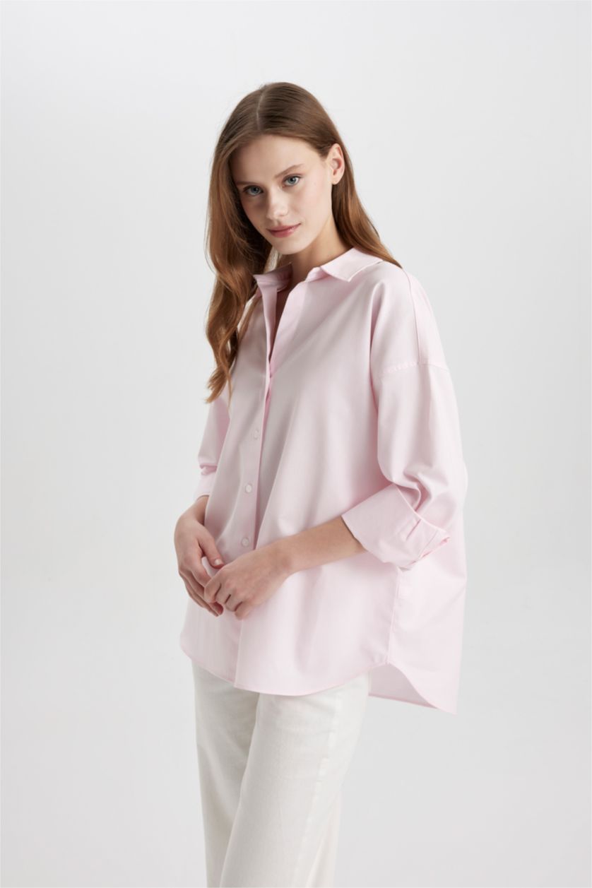 Kadın Açık Pembe Oversize Geniş Kalıp Basic Düz Oxford Uzun Kollu Gömlek