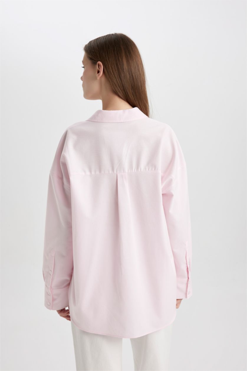 Kadın Açık Pembe Oversize Geniş Kalıp Basic Düz Oxford Uzun Kollu Gömlek