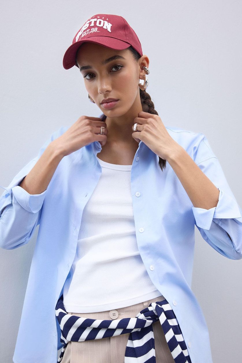 Woman Blue Oversize Fit Shirt Collar Oxford Long Sleeve Shirt