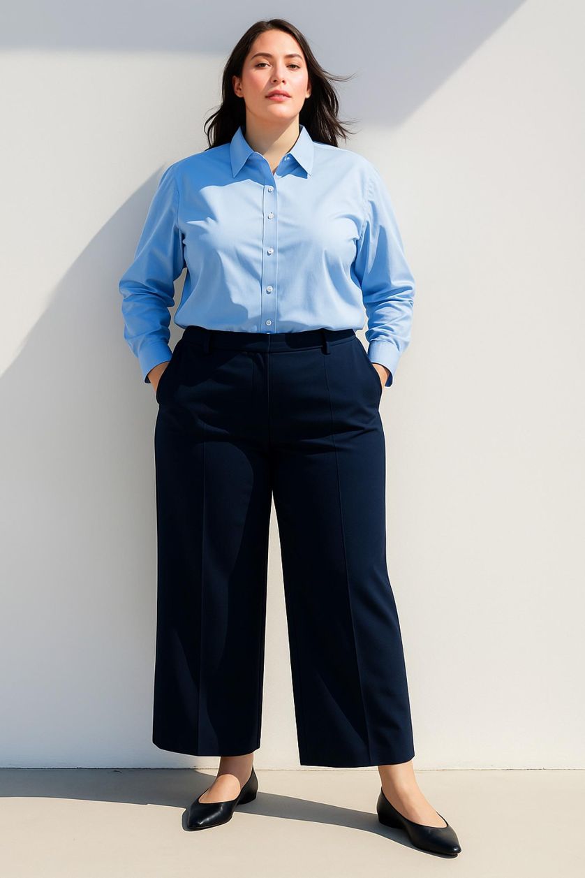 Woman Blue Oversize Fit Shirt Collar Oxford Long Sleeve Shirt