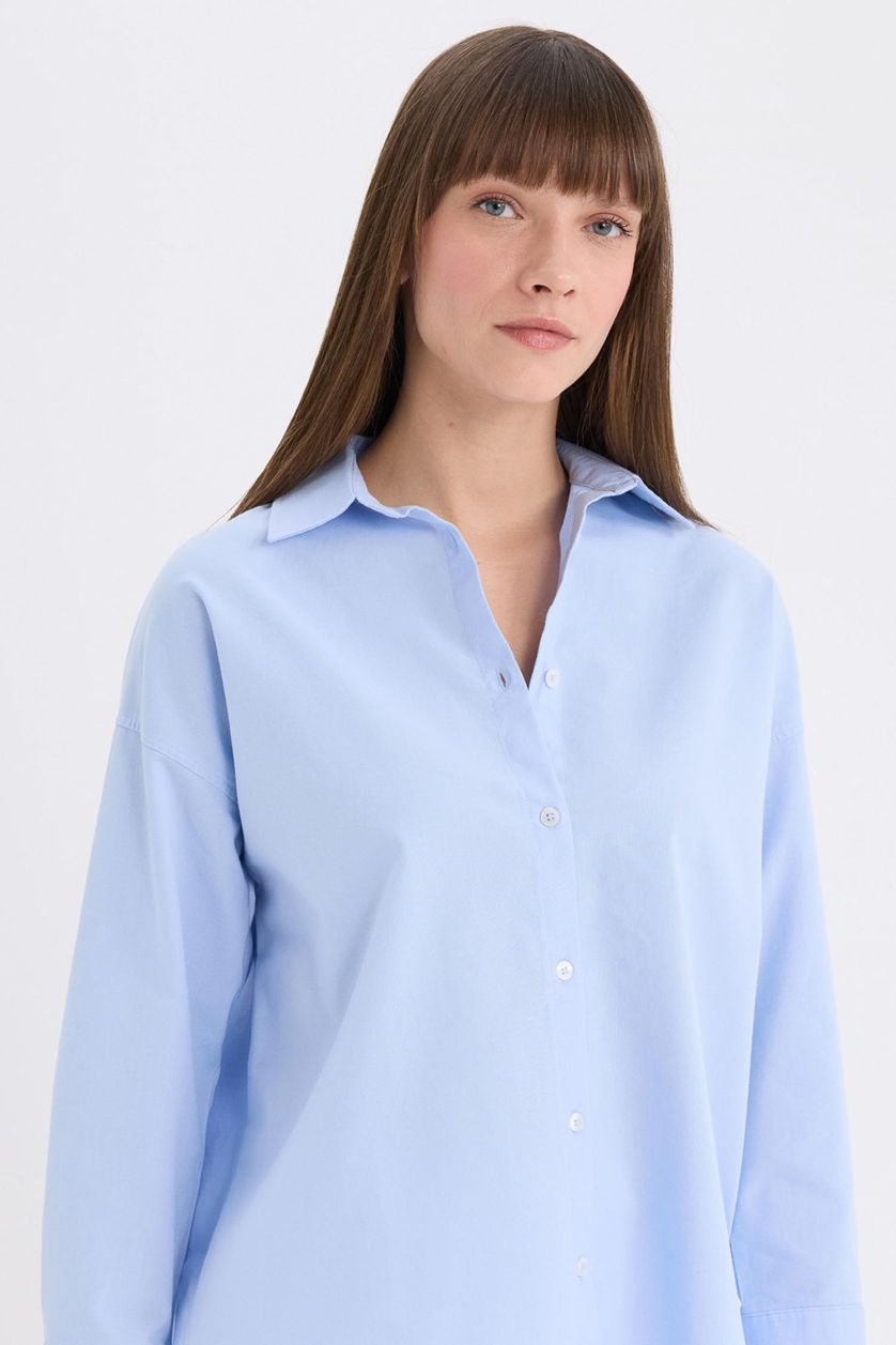 Woman Blue Oversize Fit Shirt Collar Oxford Long Sleeve Shirt