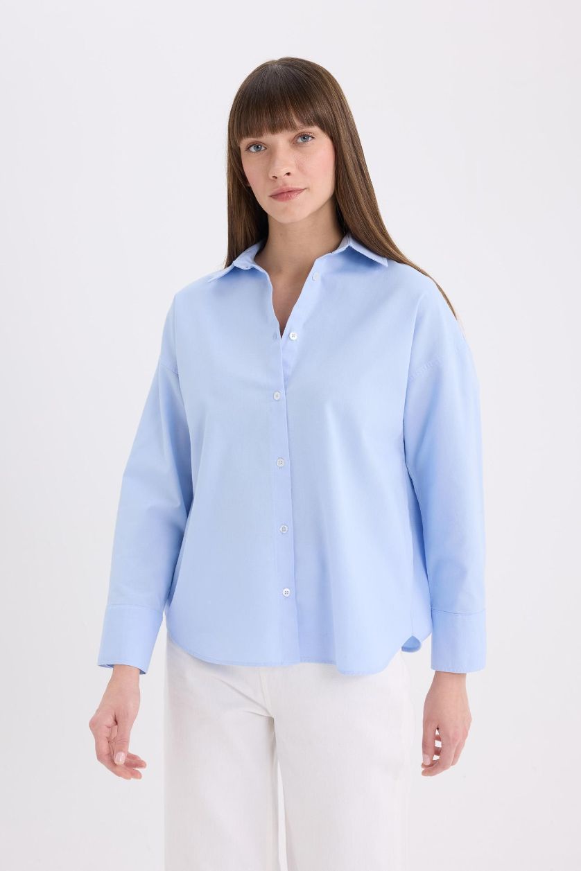 Woman Blue Oversize Fit Shirt Collar Oxford Long Sleeve Shirt