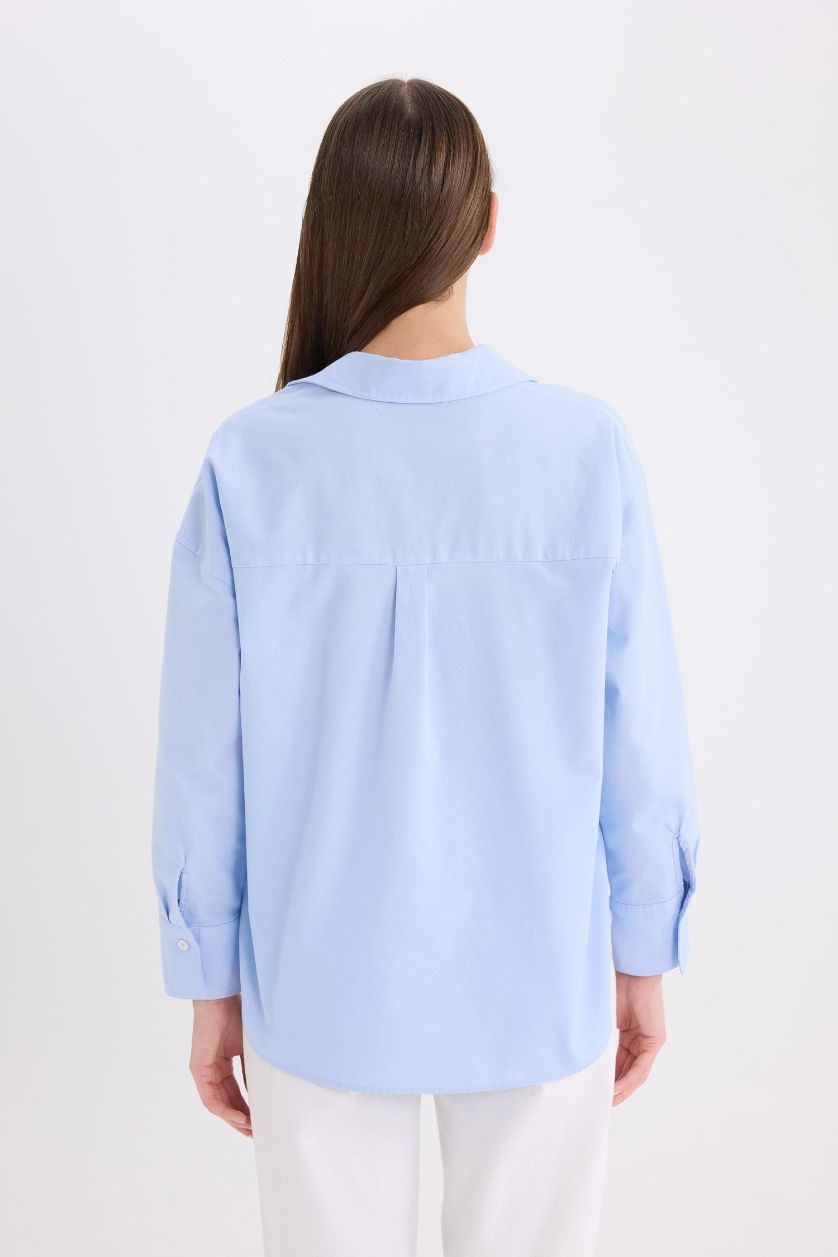 Woman Blue Oversize Fit Shirt Collar Oxford Long Sleeve Shirt